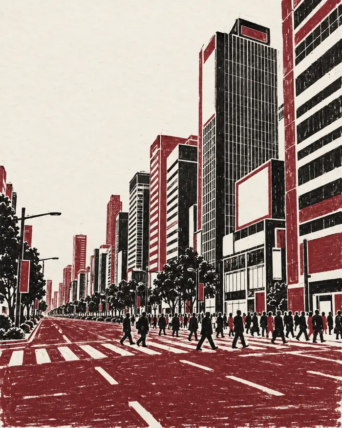 강남역 거리를 판화로 그린 그림