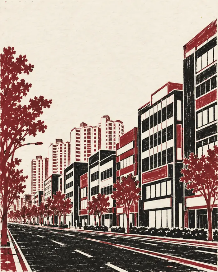 목동 거리를 판화로 그린 그림