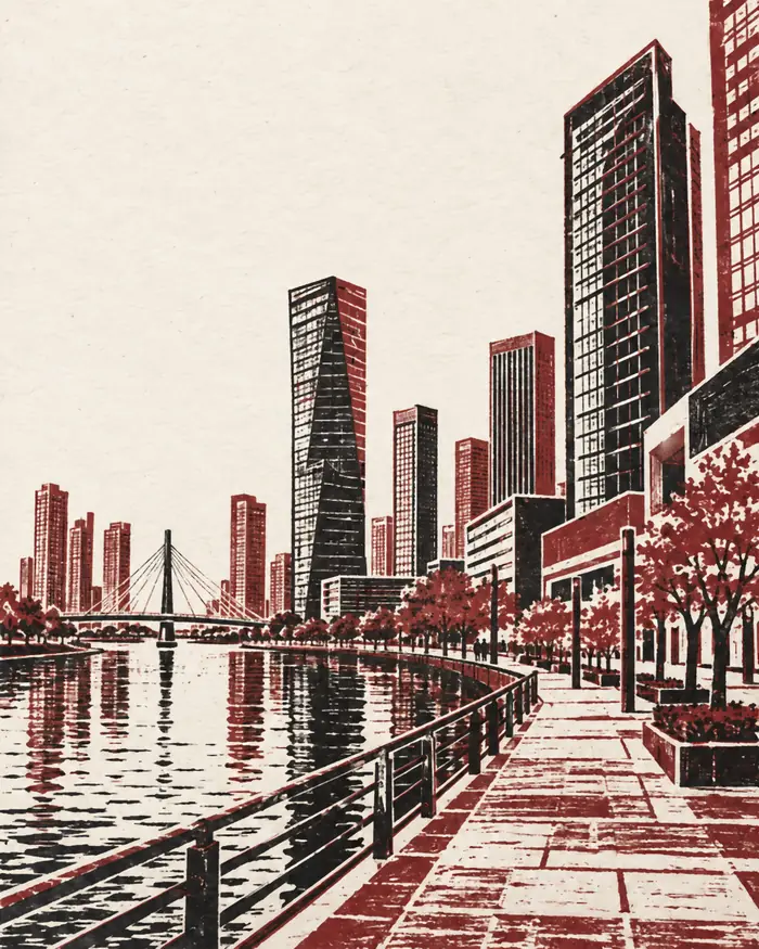 송도 거리를 판화로 그린 그림