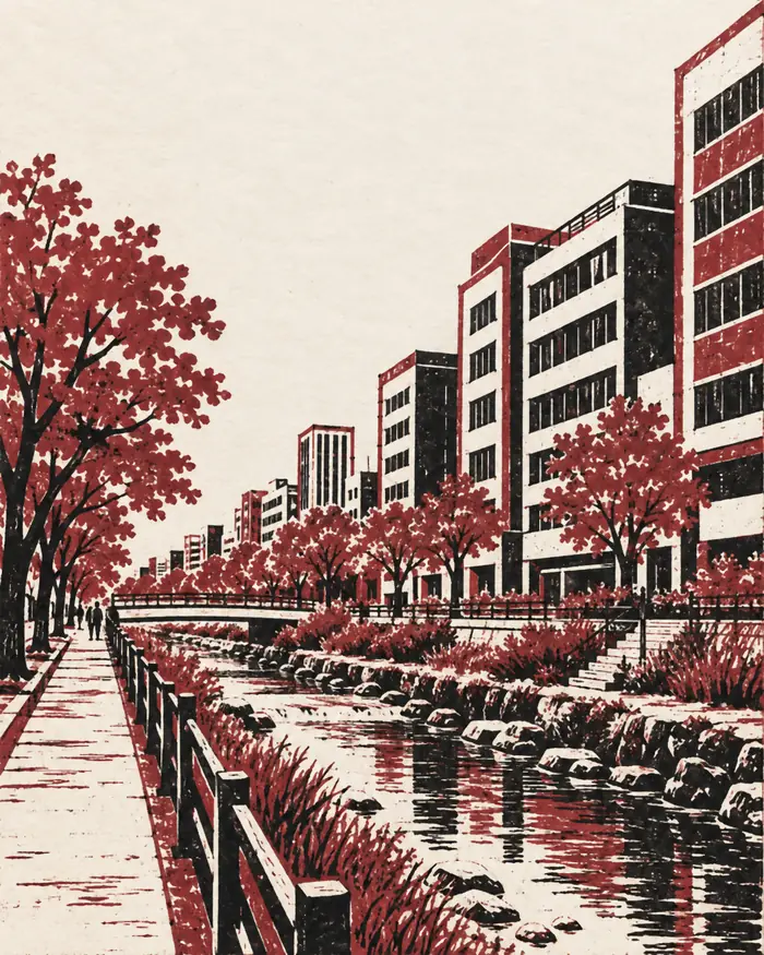 양재동 거리를 판화로 그린 그림